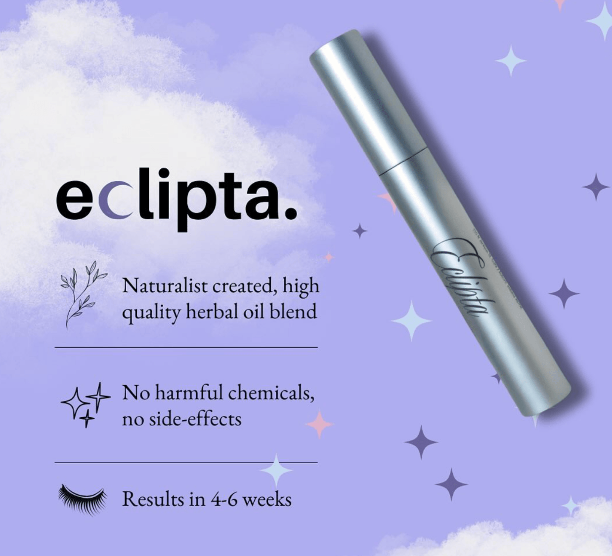Eclipta brand graphic highlighting its naturalist-created herbal oil blend, no harmful chemicals, and results in four to six weeks