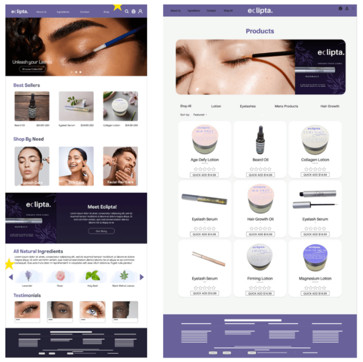 Redesigned Eclipta Shopify homepage and products page, with shop-by-need categories and a full product grid